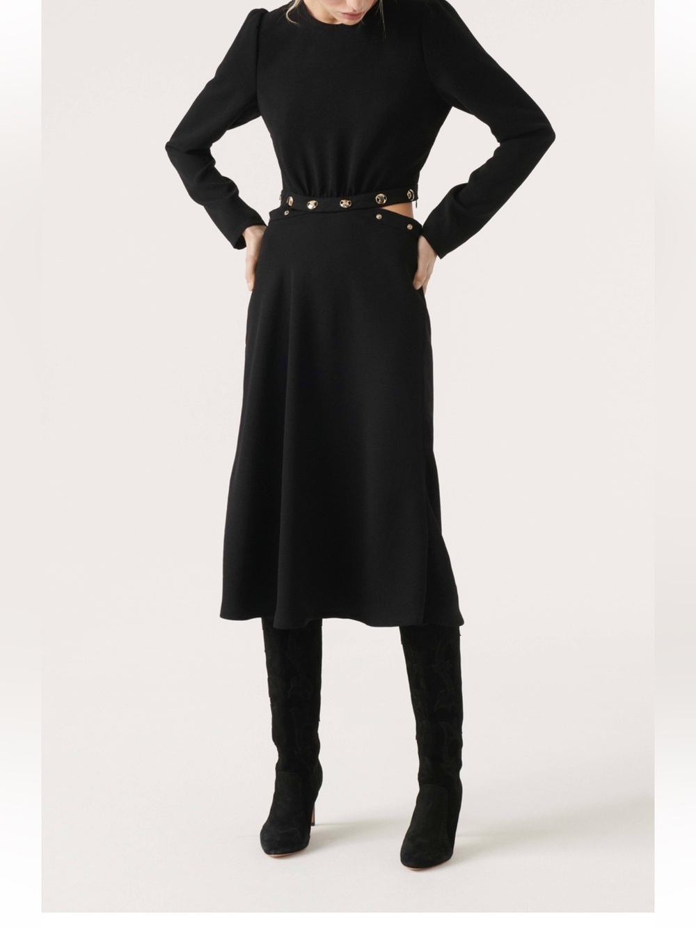 Ba&sh Odelle  Midi A Line Dress women S Black Long Sleeve Midi Gold buttons Y2K